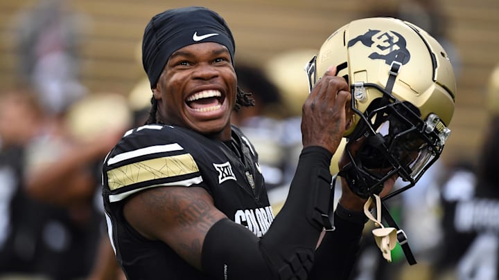Sep 21, 2024; Boulder, Colorado, USA; Colorado Buffaloes wide receiver Travis Hunter (12) before the game against the Baylor Bears at Folsom Field. Mandatory Credit: Christopher Hanewinckel-Imagn Images