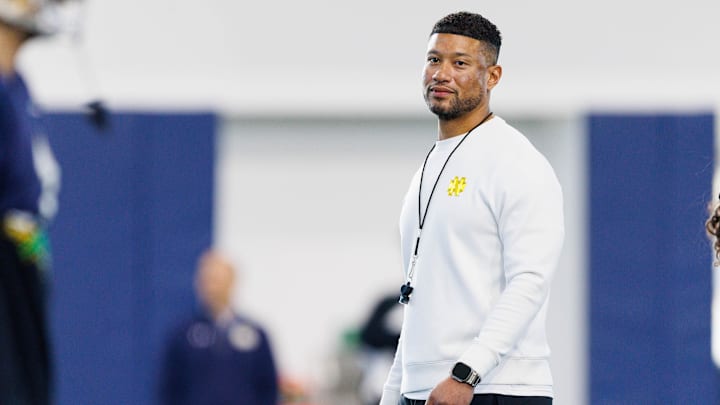 Notre Dame head coach Marcus Freeman during a Notre Dame football spring practice at Irish Athletic Center on Wednesday, March 26, 2025, in South Bend.