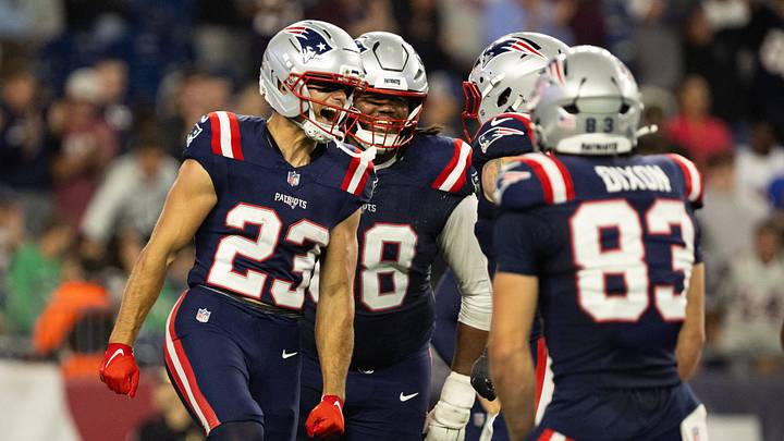 Aug 22, 2026; Foxborough, Massachusetts, USA; New England Patriots wide receiver Nick DeGennaro (23) celebrates with teammates after scoring the game winning touchdown in the second half against the Philadelphia Eagles at Gillette Stadium. Mandatory Credit: Edward Finan-Imagn Images Aug 22, 2026; Foxborough, Massachusetts, USA; New England Patriots wide receiver Nick DeGennaro (23) celebrates with teammates after scoring the game winning touchdown in the second half against the Philadelphia Eagles at Gillette Stadium. Mandatory Credit: Edward Finan-Imagn Images