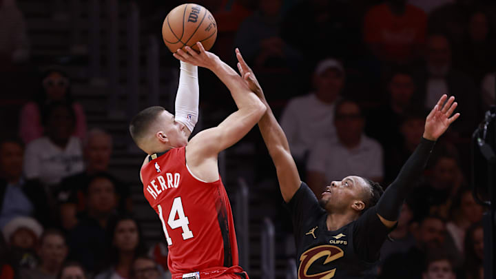 Dec 8, 2024; Miami, Florida, USA;  Cleveland Cavaliers guard Darius Garland (10) defends Miami Heat guard Tyler Herro (14) during the first half at Kaseya Center. Mandatory Credit: Rhona Wise-Imagn Images