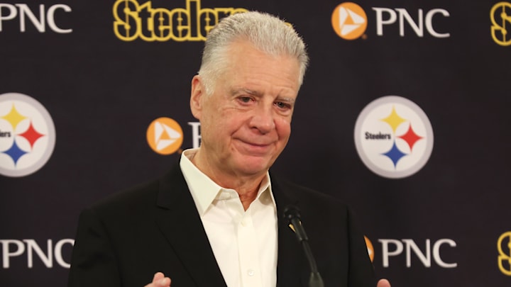 Jan 14, 2026; Pittsburgh, PA, USA;  Pittsburgh Steelers president Art Rooney II speaks at a press conference at Acrisure Stadium. Mandatory Credit: Charles LeClaire-Imagn Images
