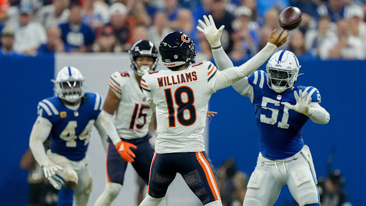 Indianapolis Colts defensive end Kwity Paye (51) pressures Chicago Bears quarterback Caleb Williams (18) on Sunday, Sept. 22, 2024, during a game against the Chicago Bears at Lucas Oil Stadium in Indianapolis.