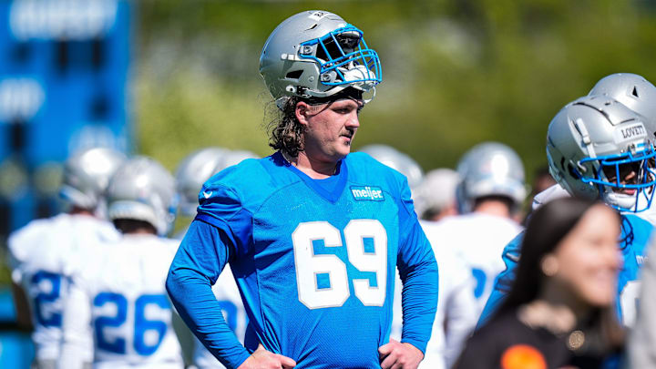 Detroit Lions offensive lineman Tate Ratledge (69) practices during rookie mini camp at Meijer Performance Center in Allen Park on Friday, May 9, 2025.