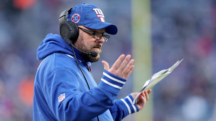 Dec 8, 2024; East Rutherford, New Jersey, USA; New York Giants head coach Brian Daboll reacts during the fourth quarter against the New Orleans Saints at MetLife Stadium. Mandatory Credit: Brad Penner-Imagn Images