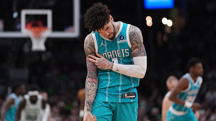 Apr 7, 2026; Boston, Massachusetts, USA; Charlotte Hornets guard LaMelo Ball (1) reacts after his three point basket against the Boston Celtics in the second quarter at TD Garden. Mandatory Credit: David Butler II-Imagn Images