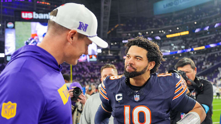 Dec 16, 2024; Minneapolis, Minnesota, USA; Chicago Bears quarterback Caleb Williams (18) talks to Minnesota Vikings head coach Kevin O'Connell after the game quarter at U.S. Bank Stadium. Mandatory Credit: Brad Rempel-Imagn Images