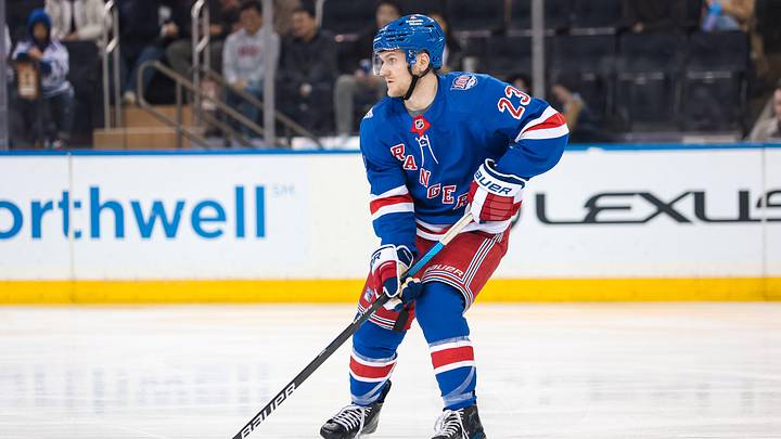 Apr 5, 2026; New York, New York, USA; New York Rangers defenseman Adam Fox (23) skates against the Washington Capitals during the second period at Madison Square Garden. Apr 5, 2026; New York, New York, USA; New York Rangers defenseman Adam Fox (23) skates against the Washington Capitals during the second period at Madison Square Garden.