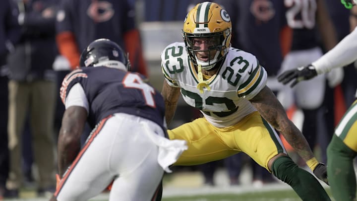 Nov 17, 2024; Chicago, Illinois, USA; Green Bay Packers cornerback Jaire Alexander (23) tackles Chicago Bears running back D'Andre Swift (4) during the first quarter of their game Sunday, November 17, 2024 at Soldier Field in Chicago, Illinois. Mandatory Credit: Mark Hoffman/USA TODAY Network via Imagn Images Nov 17, 2024; Chicago, Illinois, USA; Green Bay Packers cornerback Jaire Alexander (23) tackles Chicago Bears running back D'Andre Swift (4) during the first quarter of their game Sunday, November 17, 2024 at Soldier Field in Chicago, Illinois. Mandatory Credit: Mark Hoffman/USA TODAY Network via Imagn Images