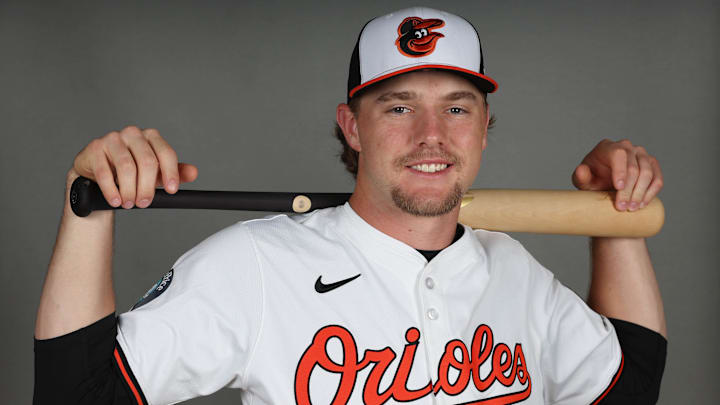 Feb 19, 2025; Sarasota, FL, USA; Baltimore Orioles shortstop Gunnar Henderson (2) poses for photo during media day at Ed Smith Stadium. 