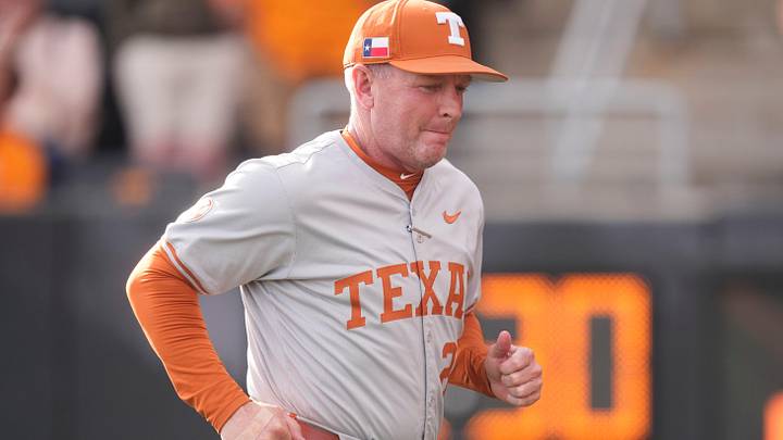Texas baseball coach Jim Schlossnagle during the NCAA college baseball game against Tennessee in Knoxville, Tennessee on May 8, 2026.