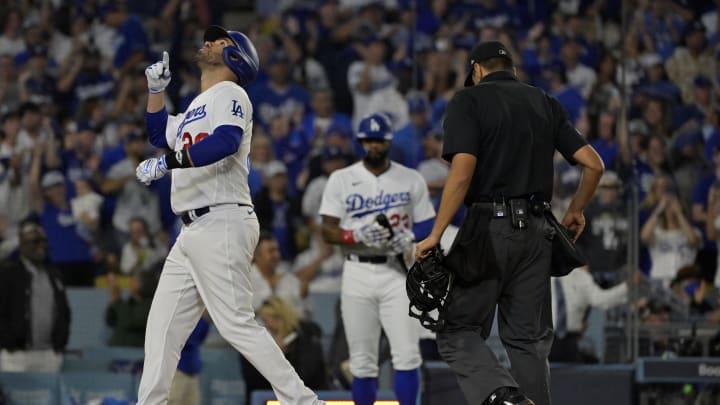 Oct 9, 2023; Los Angeles, California, USA; Los Angeles Dodgers designated hitter J.D. Martinez (28)