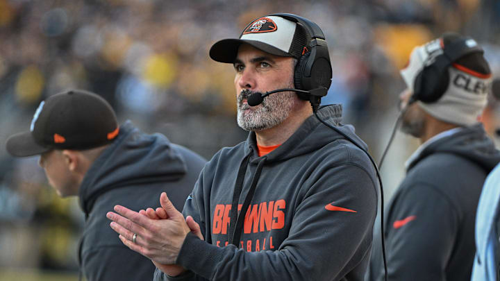 Dec 8, 2024; Pittsburgh, Pennsylvania, USA; Cleveland Browns head coach Kevin Stefanski reacts against the Pittsburgh Steelers during the fourth quarter at Acrisure Stadium.
