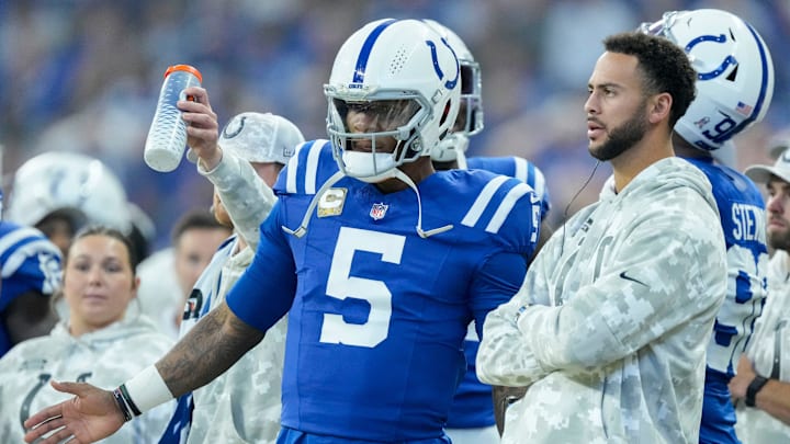 Indianapolis Colts quarterback Anthony Richardson (5) and Indianapolis Colts wide receiver Michael Pittman Jr. (11) watch the action on the field from the sideline Sunday, Nov. 10, 2024, during a game against the Buffalo Bills at Lucas Oil Stadium in Indianapolis.