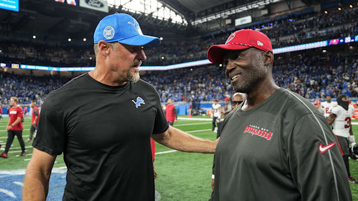 Detroit Lions head coach Dan Campbell talks to Tampa Bay Buccaneers head coach Todd Bowels after 20-16 loss at Ford Field in Detroit on Sunday, September 15, 2024.