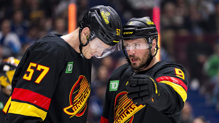Mar 28, 2024; Vancouver, British Columbia, CAN; Vancouver Canucks forward J.T. Miller (9) and