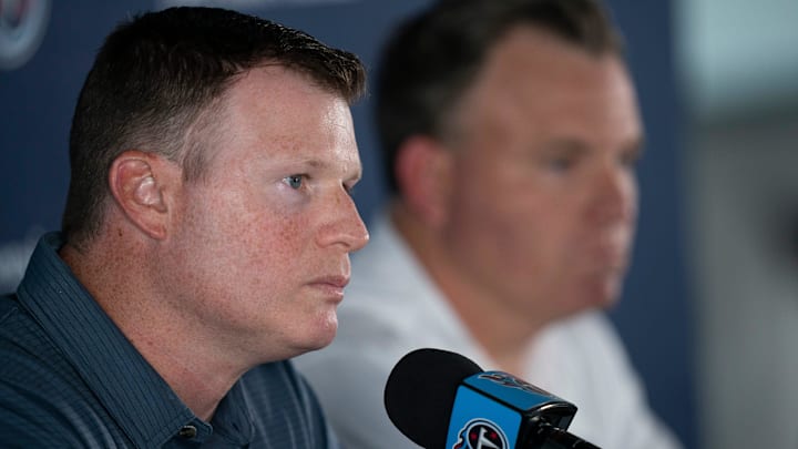 Chad Brinker, president of football operations for the Tennessee Titans, fields questions from the media at Ascension Saint Thomas Sports Park in Nashville, Tenn., Tuesday, July 22, 2025.
