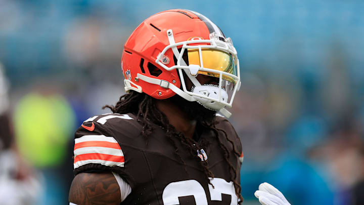 Cleveland Browns running back D'Onta Foreman (27) looks on before an NFL football matchup Sunday, Sept. 15, 2024 at EverBank Stadium in Jacksonville, Fla. The Browns defeated the Jaguars 18-13. Cleveland Browns running back D'Onta Foreman (27) looks on before an NFL football matchup Sunday, Sept. 15, 2024 at EverBank Stadium in Jacksonville, Fla. The Browns defeated the Jaguars 18-13.