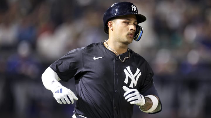 Mar 1, 2024; Tampa, Florida, USA; New York Yankees left fielder Everson Pereira (80) runs the bases after hitting a two-run home run against the Toronto Blue Jays in the second inning at George M. Steinbrenner Field. Mar 1, 2024; Tampa, Florida, USA; New York Yankees left fielder Everson Pereira (80) runs the bases after hitting a two-run home run against the Toronto Blue Jays in the second inning at George M. Steinbrenner Field.