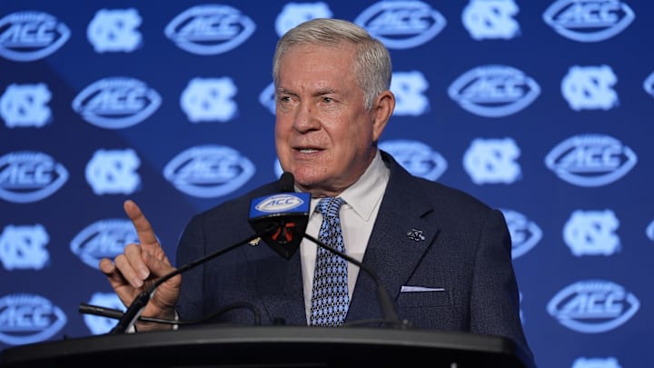 UNC Tar Heels head coach Mack Brown speaks to the media during the ACC Kickoff.