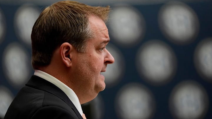 July 15, 2025; Atlanta, GA, USA; Tennessee head coach Josh Heupel speaks in the Main Media Room during SEC Media Days at the College Football Hall of Fame in Atlanta.