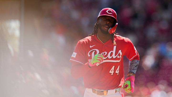 Sep 6, 2026; Cincinnati, Ohio, USA;  Cincinnati Reds designated hitter Elly de la Cruz runs the bases after hitting a two-run home run against the Milwaukee Brewers in the fourth inning at Great American Ball Park. Mandatory Credit: Aaron Doster-Imagn Images