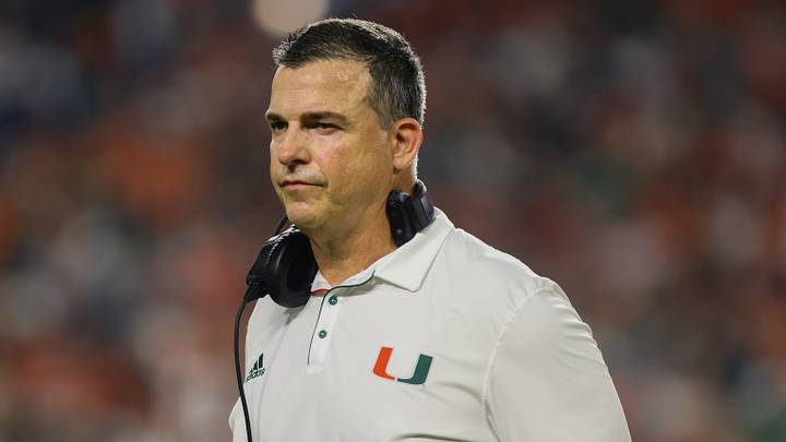 Sep 27, 2024; Miami Gardens, Florida, USA; Miami Hurricanes head coach Mario Cristobal looks on from the sideline against the Virginia Tech Hokies during the third quarter at Hard Rock Stadium. Mandatory Credit: Sam Navarro-Imagn Images