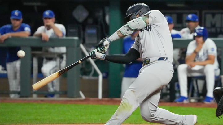 Jun 12, 2024; Kansas City, Missouri, USA; New York Yankees second baseman Gleyber Torres (25) hits a three run home run against the Kansas City Royals in the seventh inning at Kauffman Stadium. Jun 12, 2024; Kansas City, Missouri, USA; New York Yankees second baseman Gleyber Torres (25) hits a three run home run against the Kansas City Royals in the seventh inning at Kauffman Stadium.