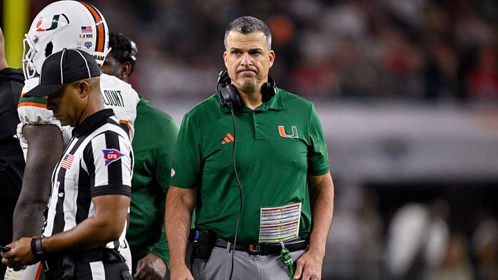 Dec 31, 2025; Arlington, TX, USA; Miami Hurricanes head coach Mario Cristobal looks on during the 2025 Cotton Bowl and quarterfinal game of the College Football Playoff at AT&T Stadium. Mandatory Credit: Jerome Miron-Imagn Images