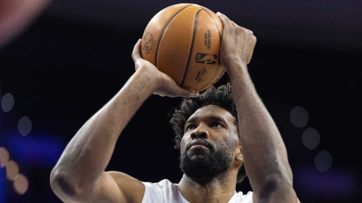 Dec 13, 2024; Philadelphia, Pennsylvania, USA; Philadelphia 76ers center Joel Embiid (21) before action against the Indiana Pacers at Wells Fargo Center. Mandatory Credit: Bill Streicher-Imagn Images