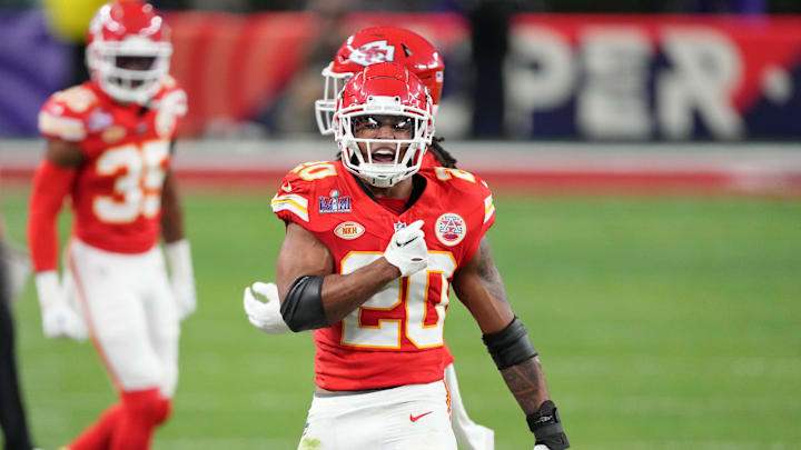 Feb 11, 2024; Paradise, Nevada, USA; Kansas City Chiefs safety Justin Reid (20) reacts after a play against the San Francisco 49ers during the second quarter of Super Bowl LVIII at Allegiant Stadium. Mandatory Credit: Kyle Terada-Imagn Images