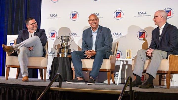 From left, Ben Kimball USGA Senior Director Open Championship, Terry Francona honorary chair of 2024 US Senior Open, and Hank Thompson USGA Staff, at Media Day on Tuesday, May 21, 2024, at the Newport Marriott.