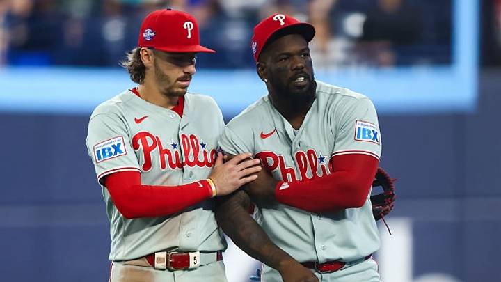 Phillies outfielder Adolis Garcia, right, is out for the season after injuring his shoulder. Phillies outfielder Adolis Garcia, right, is out for the season after injuring his shoulder.