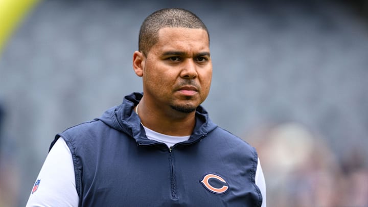 Aug 26, 2023; Chicago, Illinois, USA; Chicago Bears general manager Ryan Poles looks on before a game against the Buffalo Bills at Soldier Field. Mandatory Credit: Daniel Bartel-Imagn Images