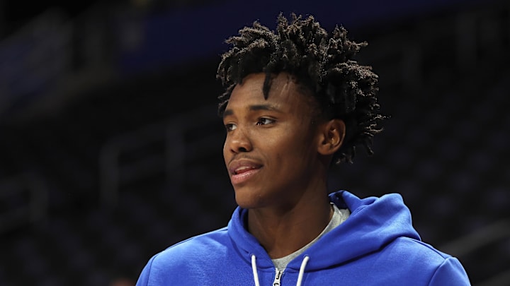 Feb 10, 2026; Pittsburgh, Pennsylvania, USA;  Duke basketball center Patrick Ngongba (21) warms up before the game against the Pittsburgh Panthers at Petersen Events Center.