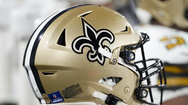 Dec 23, 2024; Green Bay, Wisconsin, USA;  General view of a New Orleans Saints helmet during the game against the Green Bay Packers at Lambeau Field. Mandatory Credit: Jeff Hanisch-Imagn Images