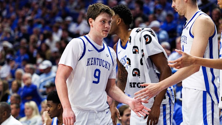 Oct 24, 2025; Lexington, KY, USA; Kentucky Wildcats forward Trent Noah (9) returns to the bench during the second half against the Purdue Boilermakers at Rupp Arena at Central Bank Center. Mandatory Credit: Jordan Prather-Imagn Images Oct 24, 2025; Lexington, KY, USA; Kentucky Wildcats forward Trent Noah (9) returns to the bench during the second half against the Purdue Boilermakers at Rupp Arena at Central Bank Center. Mandatory Credit: Jordan Prather-Imagn Images