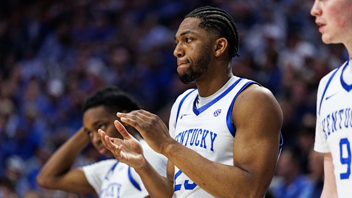 Mar 7, 2026; Lexington, Kentucky, USA; Kentucky Wildcats forward Mouhamed Dioubate (23) claps from the bench during the second half against the Florida Gators at Rupp Arena at Central Bank Center. Mandatory Credit: Jordan Prather-Imagn Images