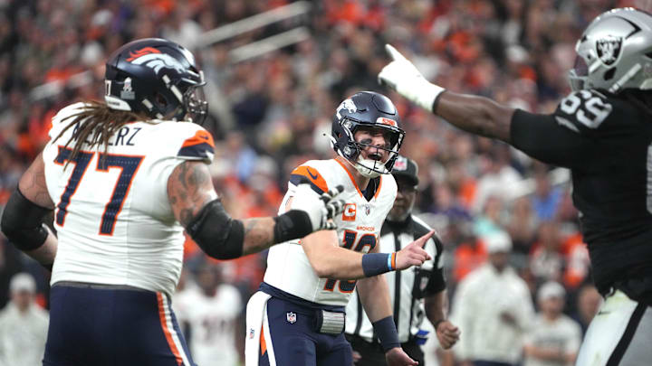 Nov 24, 2024; Paradise, Nevada, USA; Denver Broncos quarterback Bo Nix (10) reacts in the first quarter against the Las Vegas Raiders at Allegiant Stadium. Nov 24, 2024; Paradise, Nevada, USA; Denver Broncos quarterback Bo Nix (10) reacts in the first quarter against the Las Vegas Raiders at Allegiant Stadium.