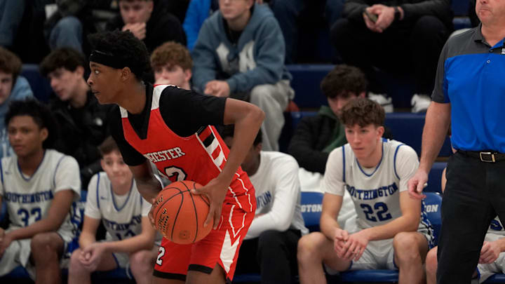 Manchester junior Jahssiah Gayle holds the during Manchester's game against Southington on Tuesday, January 20, 2026 at Southington High School.