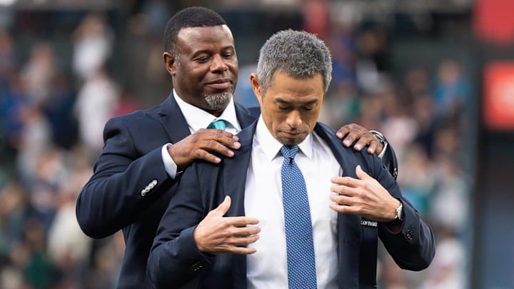 Ken Griffey Jr. (left) presents a Mariner Hall of Fame jacket to Ichiro Suzuki during a ceremony on Aug. 27, 2022, at T-Mobile Park. Ken Griffey Jr. (left) presents a Mariner Hall of Fame jacket to Ichiro Suzuki during a ceremony on Aug. 27, 2022, at T-Mobile Park.