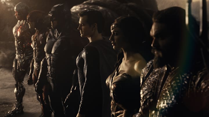 Ray Fisher (Cyborg / Victor Stone), Ezra Miller (The Flash / Barry Allen), Ben Affleck (Batman / Bruce Wayne), Henry Cavill (Superman / Clark Kent), Gal Gadot (Diana Prince / Wonder Woman), Jason Momoa (Aquaman / Arthur Curry) in Zack Snyder's Justice League. Photograph by Courtesy of HBO Max