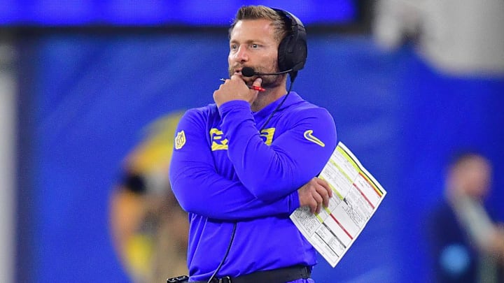 Oct 24, 2024; Inglewood, California, USA; Los Angeles Rams head coach Sean McVay watches game action against the Minnesota Vikings during the first half at SoFi Stadium. Mandatory Credit: Gary A. Vasquez-Imagn Images