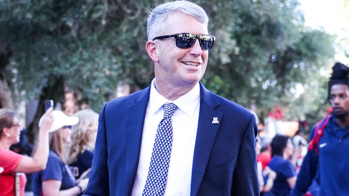 Aug 30, 2025; Tucson, Arizona, USA; Arizona Wildcats head coach Brent Brennan walks down the Wildcat Walk before the start of the game against the Hawaii Rainbow Warriors at Arizona Stadium. Mandatory Credit: Aryanna Frank-Imagn Images