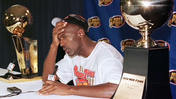 Michael Jordan of the Chicago Bulls talks to the m Michael Jordan of the Chicago Bulls talks to the m