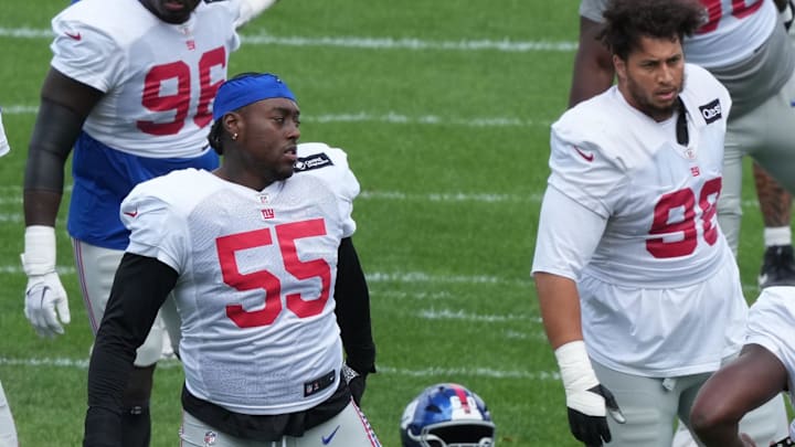 Florham Park, NJ -- August 21, 2024 -- Giants linebacker Boogie Basham during practice. The New York Giants came to the Atlantic Health Jets Training Center in Florham Park, New Jersey to take part in a joint practice with the New York Jets. Florham Park, NJ -- August 21, 2024 -- Giants linebacker Boogie Basham during practice. The New York Giants came to the Atlantic Health Jets Training Center in Florham Park, New Jersey to take part in a joint practice with the New York Jets.