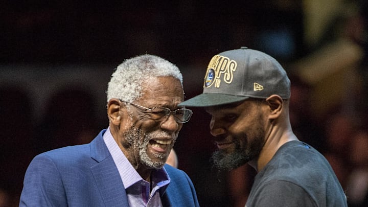 Jun 8, 2018; Cleveland, OH, USA; Golden State Warriors forward Kevin Durant (35) talks with Bill Russell after winning the Bill Russell NBA Finals Most Valuable Player Award after beating the Cleveland Cavaliers in game four of the 2018 NBA Finals at Quicken Loans Arena. Mandatory Credit: Kyle Terada-Imagn Images