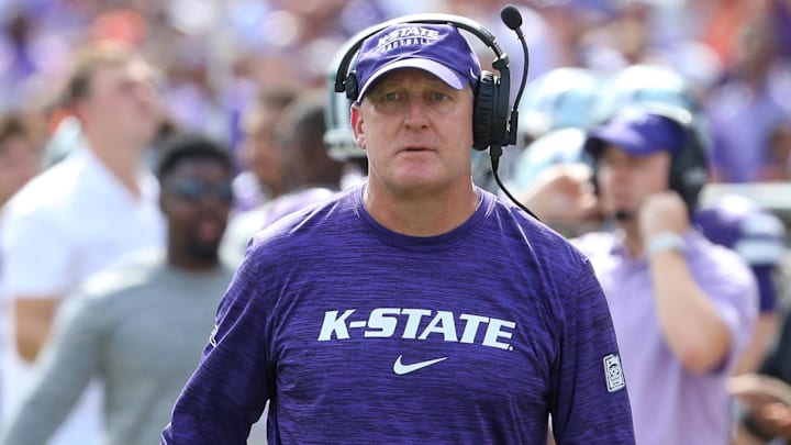 Sep 28, 2024; Manhattan, Kansas, USA; Kansas State Wildcats head coach Chris Klieman looks at his team during a timeout against the Oklahoma State Cowboys at Bill Snyder Family Football Stadium. Mandatory Credit: Scott Sewell-Imagn Images