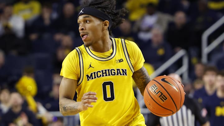 Feb 25, 2024; Ann Arbor, Michigan, USA;  Michigan Wolverines guard Dug McDaniel (0) dribbles in the