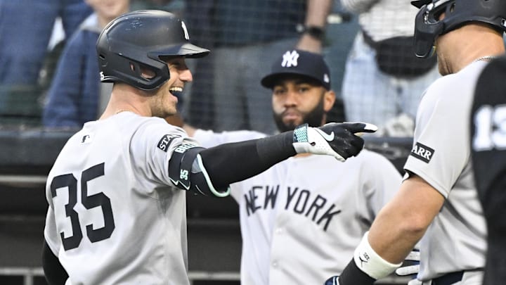 Aug 28, 2025; Chicago, Illinois, USA;  New York Yankees outfielder Cody Bellinger (35) celebrates with  designated hitter Aaron Judge (99) after they score on Bellinger’s two run home run against the  Chicago White Sox during the first inning at Rate Field. Mandatory Credit: Matt Marton-Imagn Images
