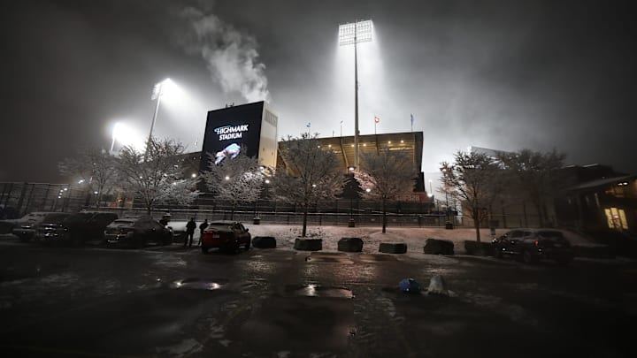 Highmark Stadium remains lit hours after the Buffalo Bills season was wrapped up with their home loss to the Cincinnati Bengals in Orchard Park on Jan. 22.